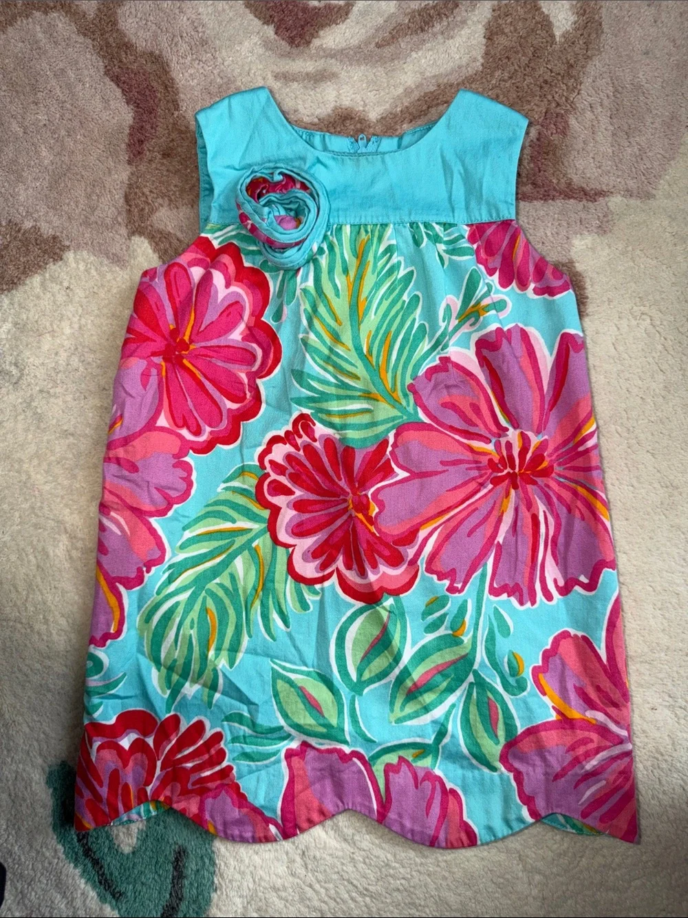 Lilly Pulitzer Aqua Dress with Pink Floral Print and Rosette